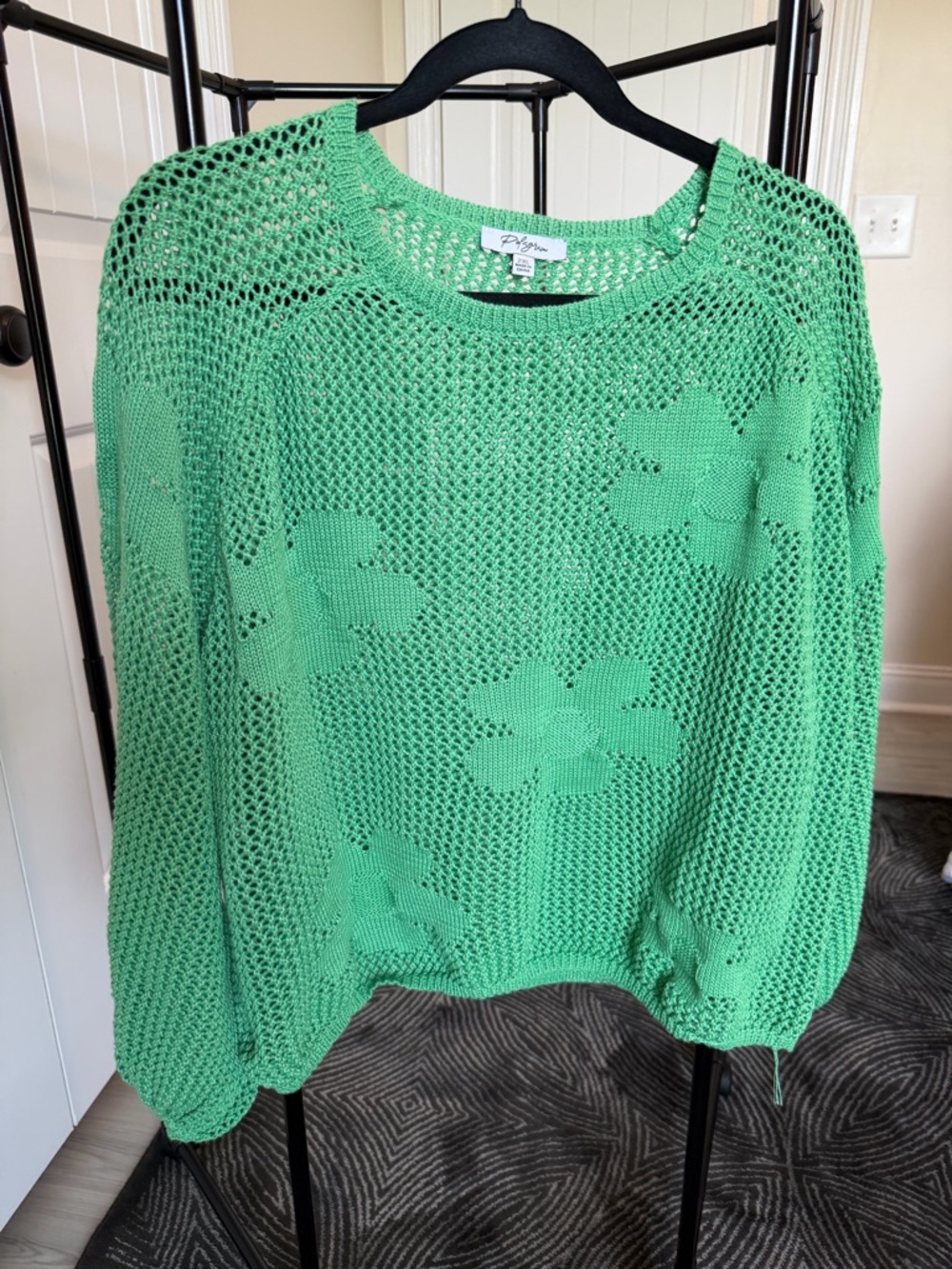 Polagram Green Open-Knit Floral Crewneck Sweater